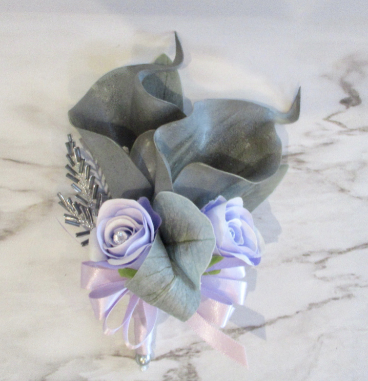 Grey Calla lIly & Lilac Rose Bud Corsage, Wedding Corsage, Mother Of the bride corsage 